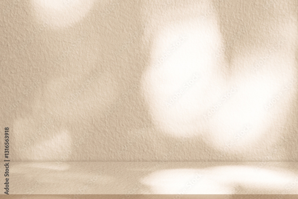 Fototapete Brown background with light and shadow of leaf effect on studio concrete wall texture for Autumn banner,Backdrop empty kitchen cement wall room with blur natural sunlight on for floor product design