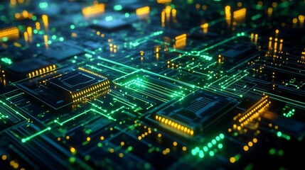 Obraz premium Glowing green and yellow circuit board, close-up, with chips and connections, black background