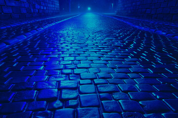 Naklejka premium Night blue street with cobblestone pavement