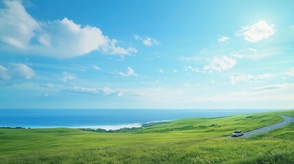 Fototapeta premium a coastal countryside road journey, a small car traveling through rolling green fields, the ocean stretching endlessly under a bright blue sky