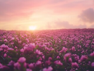 Fototapeta premium Serene bloomscape, A horizon awash in pink petals under a dreamy sunset