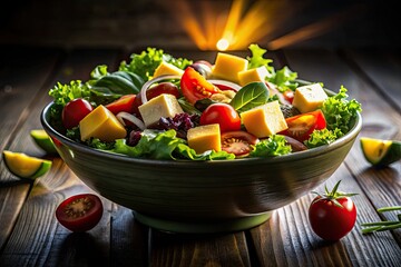 Backlit silhouette of a dark vegetable and cheese bowl, showcasing healthy eating in striking shadow.