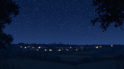 Animated night village scene, illuminating under starry sky, used for scenic illustration