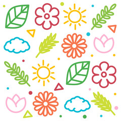 Colorful Nature Doodle Pattern &ndash; A playful and vibrant collection of nature-inspired doodles with bright colors and scattered geometric shapes. Ideal for backgrounds, wallpapers, stationery