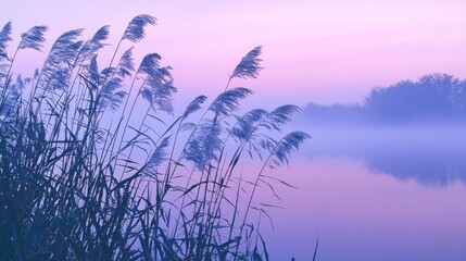 Obraz premium Misty dawn over calm lake, reeds swaying gently.
