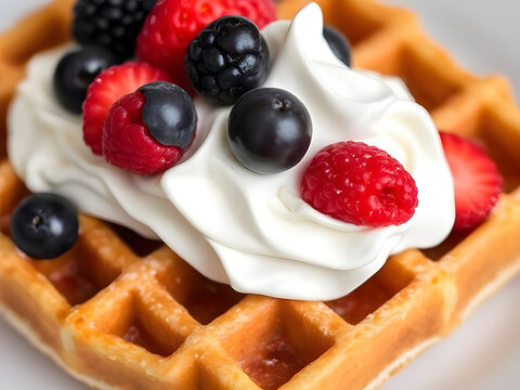 Delicious waffle with whipped cream and mixed berries breakfast, dessert, sweet treat, food photography.