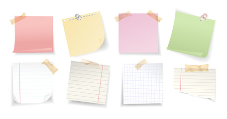 Blank sticky notes and torn notepaper set in various colors and styles, secured with adhesive tape and push pins. Includes lined, grid, and plain paper sheets for memo or reminder concepts.Vector