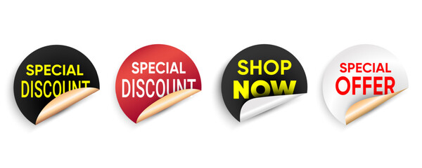 Promotional stickers set with special discount and offer messages, featuring curled edges for a realistic 3D effect. Iemblem, label for sales, marketing, and advertising designs.Vector illustration