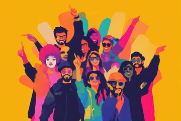 Vibrant group of diverse friends celebrating joyfully against a bright yellow backdrop
