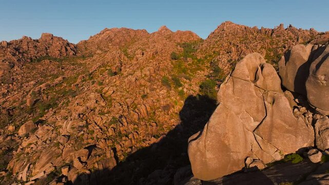 Granite Stone Peaks Of Mount Pindo In Carnota, A Coruna, Galicia, Spain. Aerial Pullback Shot