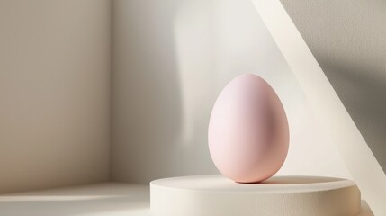 A soft pastel pink egg sits atop a circular pedestal, capturing natural light in a minimalistic indoor environment with clean lines and geometric shapes.