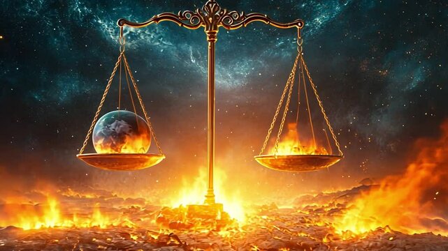 Two golden scales hold the Earth and flames representing global crises. Dark sky filled with stars highlights the tension between technology and politics.