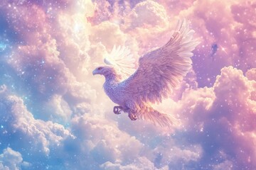A majestic white bird soaring through the beautiful colorful clouds