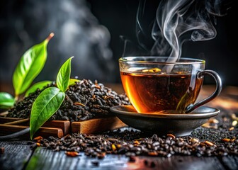 Close-up macro photography reveals the rich texture and dark hues of steeped black tea leaves.