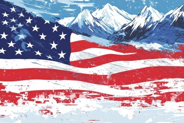 An artistic display of an american flag in a mountainous region