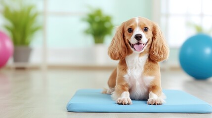 A cheerful dog lying on a mat in a bright, airy room with plants and exercise balls, exuding a playful and friendly vibe.