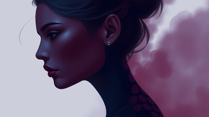 Fototapeta premium Serene Silhouette: A captivating digital portrait of a woman, her profile gracefully rendered, evoking an air of mystery and elegance against a soft, dreamlike background.