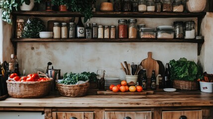 A rustic kitchen setup with various brain-boosting foods on display.
