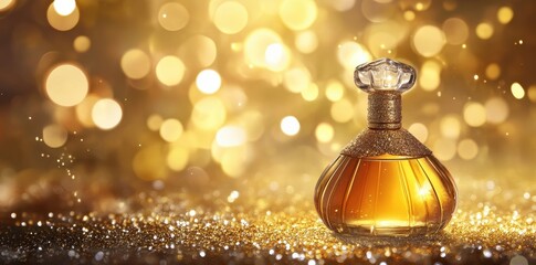 A beautiful ornate perfume bottle displayed with golden bokeh lights