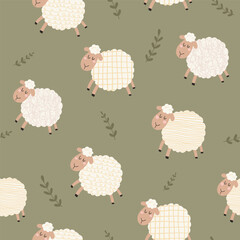 Baby seamless pattern with sheep on green background. Cute lambs in Scandinavian style. Cute baby animals in flate style. For kid's room interior, print cards, textile, wrapping paper,