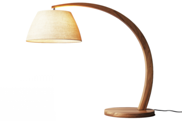 Modern wooden arc floor lamp featuring a beige shade offering a stylish and minimalist 
