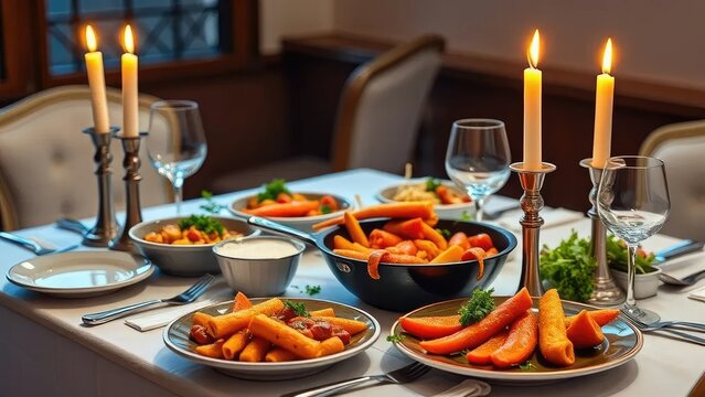 Comida para servir en una mesa con servilleta, candelabros, utensilios