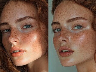 Redhead beauty with captivating blue eyes and flawless freckled skin