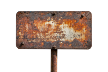 A rusted rectangular sign with rounded corners mounted on a pole against a white background isolated shot
