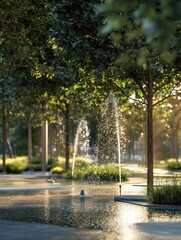 Fototapeta premium Urban oasis, Tranquil water fountain and verdant foliage in a city park