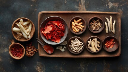 A top-down view of a traditional Chinese medicine setup with Cistanche and ginseng.