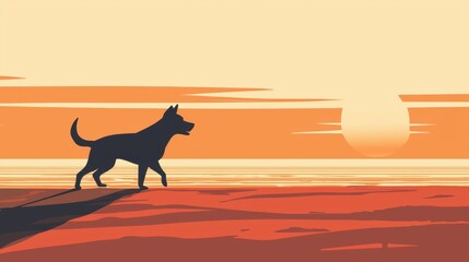 A dog walks along the sandy beach during sunset, silhouetted against a colorful sky that transitions from orange to yellow. The waves gently lap at the shore.
