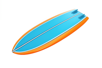 Isolated surfboard with a blue deck and orange rails on a white background in a studio shot style image