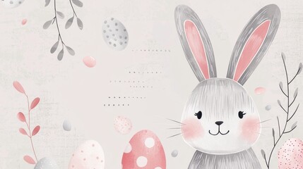 A cheerful bunny is playfully situated amidst various pastel-colored Easter eggs and soft foliage. This delightful scene captures the essence of spring celebrations.