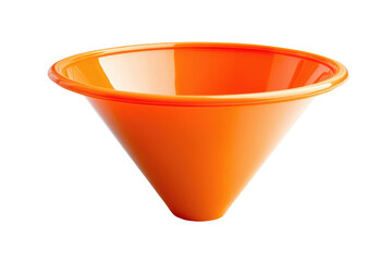 A bright orange plastic funnel with a wide circular rim isolated on a white background in studio lighting