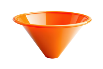A bright orange plastic funnel with a wide circular rim isolated on a white background in studio lighting