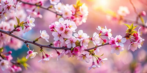 Obraz premium Delicate pink and white spring blossoms, a tilt-shift miniature tree branch, dreamy focus.