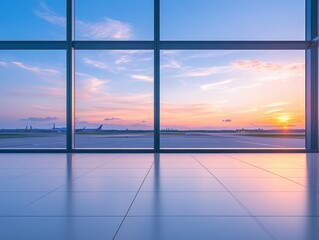 Fototapeta premium Serene airport terminal view at sunset with vibrant sky and runway