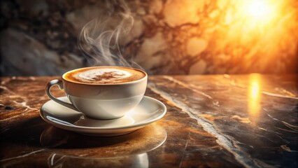 Obraz premium Aromatic Steam Rising From a Cup of Coffee on a Marble Table During Sunset