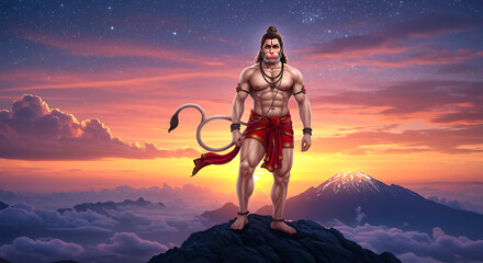 hanuman wallpaper constanding on mountain peak, dramatic sunset, glowistanding on mountain peak, dramatic sunset, glowing sun, cloudy landscape,  holding rope or lasso, bare-chested, determined pose