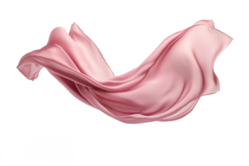 A soft pink fabric gracefully flowing and floating against a clean white background creating a gentle curve