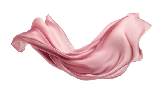 A soft pink fabric gracefully flowing and floating against a clean white background creating a gentle curve