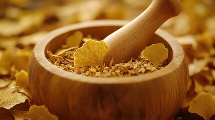 A wooden mortar and pestle with crushed ginkgo leaves and dried herbs.