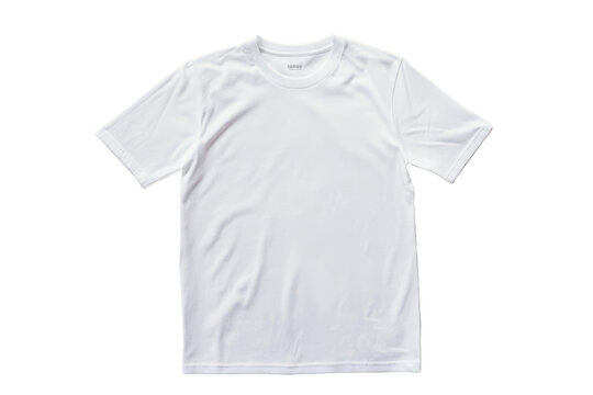 A plain white t shirt is laid out on a white background with short sleeves and a round neck collar design
