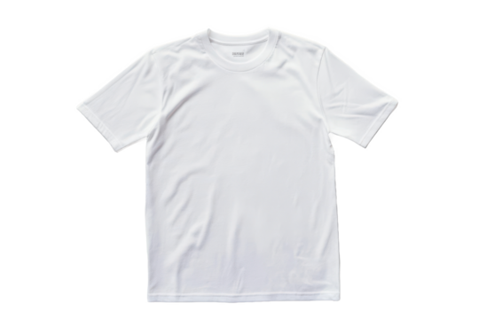 A plain white t shirt is laid out on a white background with short sleeves and a round neck collar design