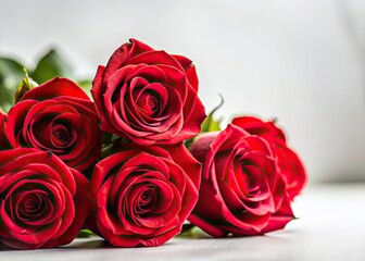 Obraz premium Elegant red roses, stark white backdrop. Simple minimalist floral photography.