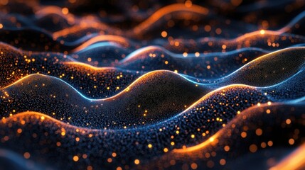 Abstract dark waves with glowing orange and blue particles. Ideal for tech, data, or network concepts, represents digital flow.