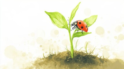 A bright red ladybug sits on a young green plant stem