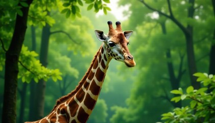 Obraz premium Long neck of giraffe with dense forest behind, leafy greens, trees