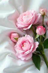 Delicate pink & white blooms, nestled on pristine white fabric , buds, pretty, macro