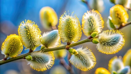 Fototapeta premium Fluffy goat willow catkins, Salix cinerea blossoms signal spring's arrival, perfect for Palm Sunday and Easter.